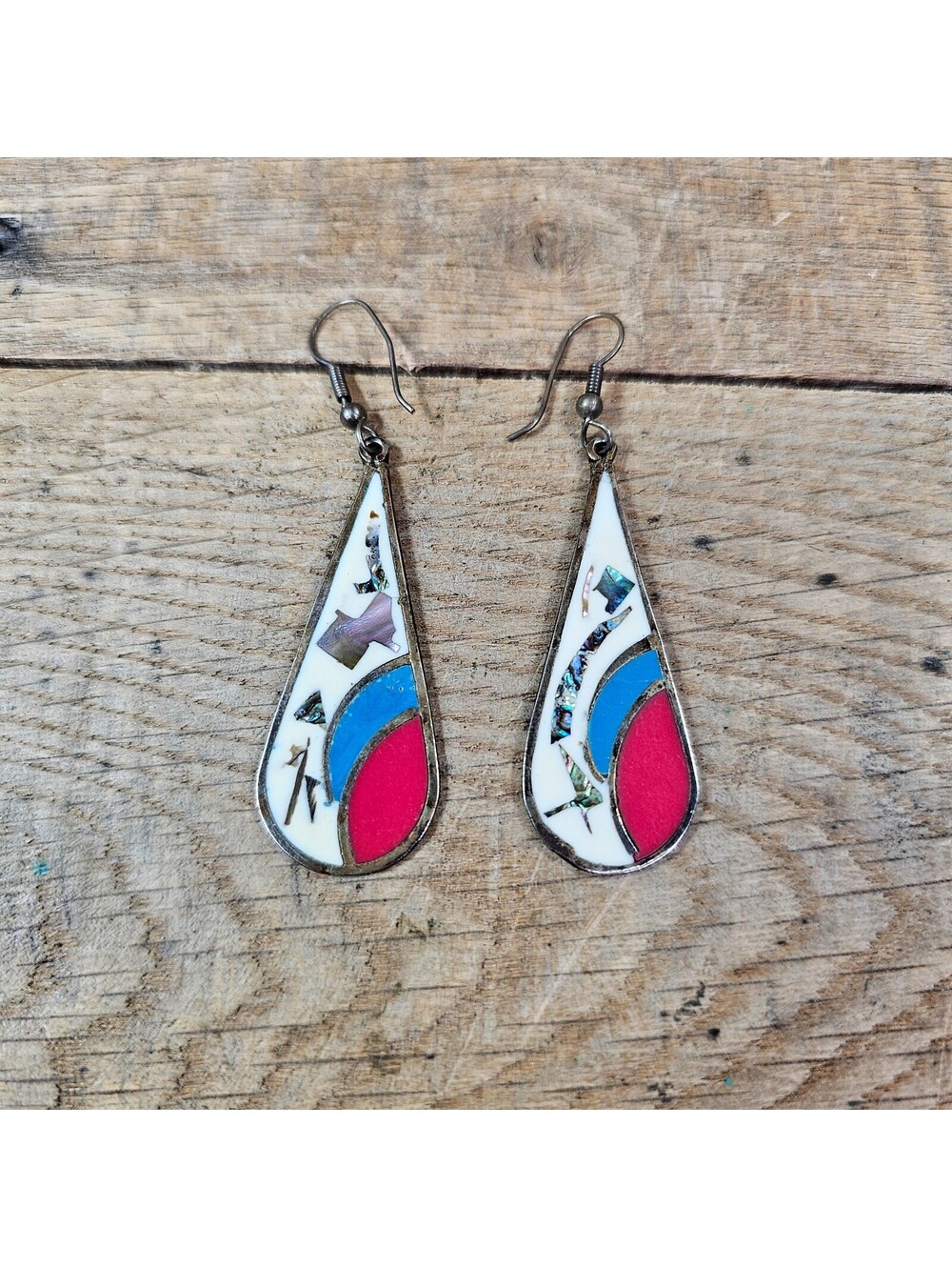 Southwestern Inlay Sterling Silver Teardrop Dangle Earrings Abalone 6.4g
